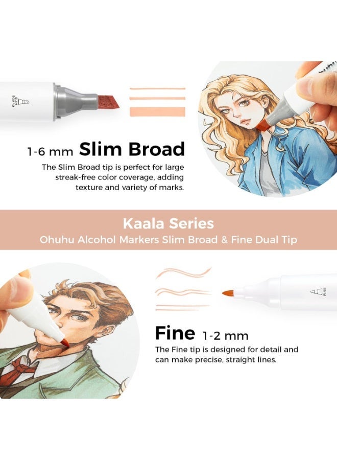 أوهوهو أقلام ماركر ذات أساس كحولي بلون البشرة بطرف رفيع وعريض دقيق، مجموعة أقلام ماركر فنية مزدوجة الرأس للفنانين البالغين، تلوين ورسم توضيحي احترافي، تصميم عصري بـ 24 لون للصور الشخصية سلسلة كالا من اوهوهو - Image 2